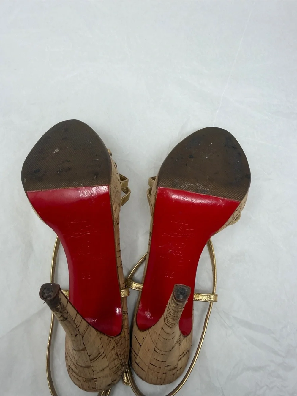 Christian Louboutin Metallic Gold Strappy Cork Platform Heels